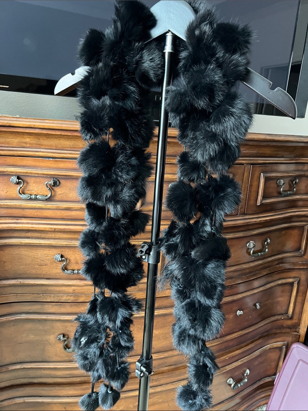 Black Faux Fur Pom Pom Scarf - Women Accessories